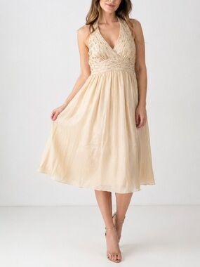 Jones New York 100% Silk Beaded Halter Cocktail Dress Women Size 6 Champagne